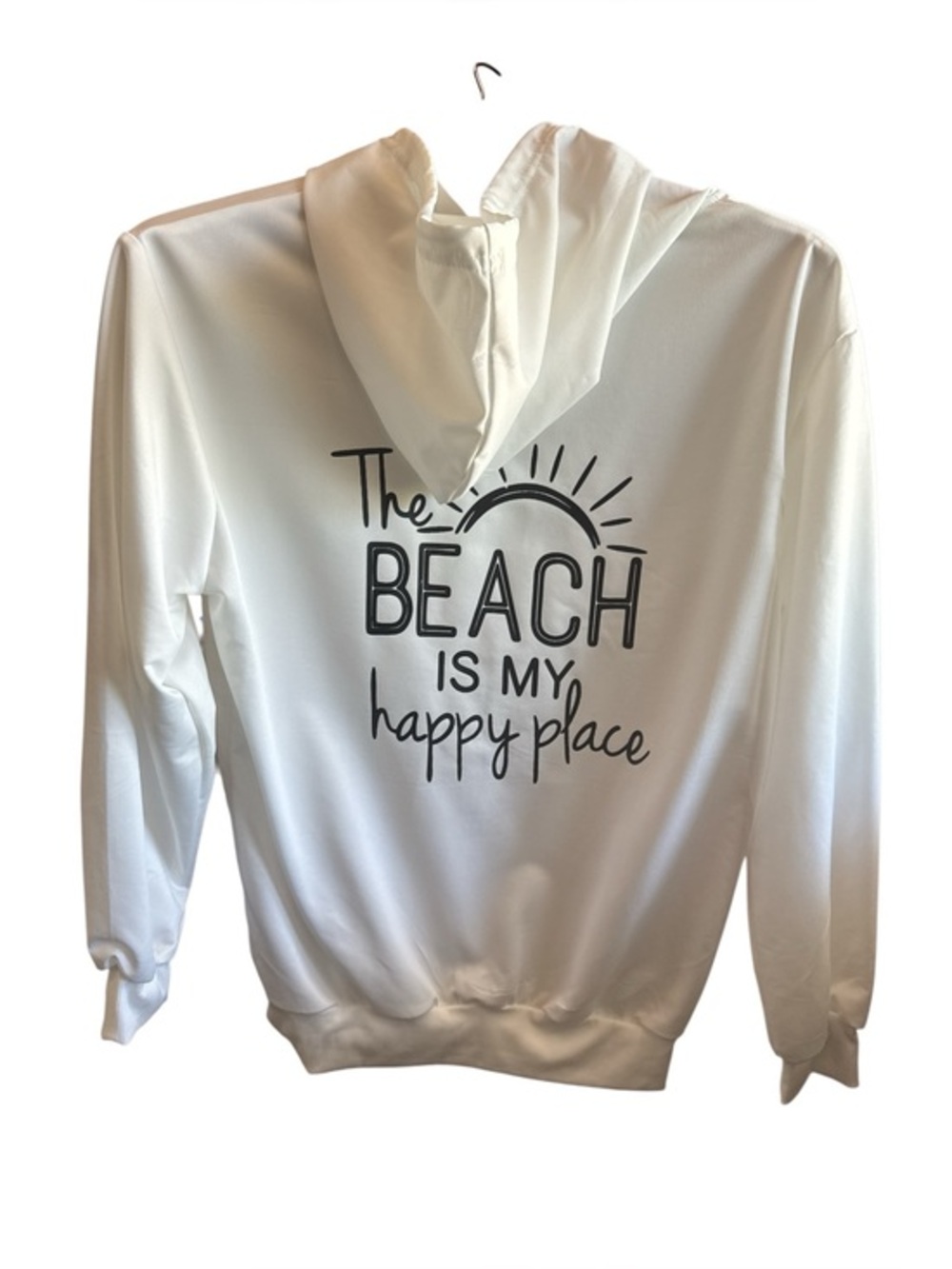 White Hoodie with 'The Beach Is My Happy Place' Graphic Women’s Size Medium